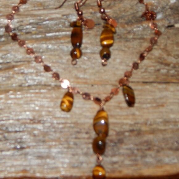 Artisan Copper Chain/Tiger Eye Stones Necklace & Earring Set - Picture 4 of 7